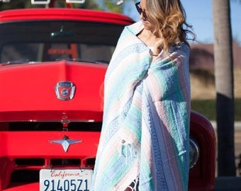 Mexican Blanket Mint, Blue, Coral, Peach | Lightweight Yoga Blanket | Meditation Blanket | Handwoven Wall Tapestry | Boho Throw Home Decor