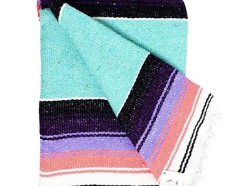 Mexican Blanket Mint, Coral, Pastel, Purple | Thick Yoga Blanket | Meditation Blanket | Boho Tapestry Home Decor | Diamond Vintage Throw