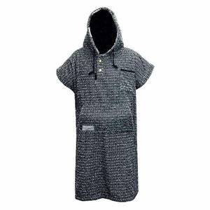 May include: A black and white speckled changing robe with a hood and short sleeves. The robe features a black-lined hood, a front pocket, and two gold-coloured buttons. The brand name is printed on the front pocket. The robe is designed for changing.