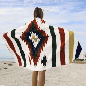 Mexican Diamond Blanket White Red Blue | Thick XL Mexican Yoga Blanket  | Southwest Blanket | Baja Blanket Mexican Throw | Aztec Navajo