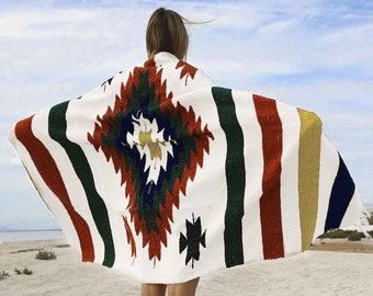 Mexican Diamond Blanket White Red Blue | Thick XL Mexican Yoga Blanket  | Southwest Blanket | Baja Blanket Mexican Throw | Aztec Navajo