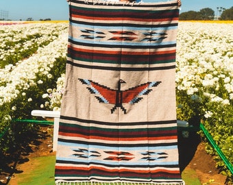 Mexican Thunderbird Blanket- Tapestry | Authentic Southwestern Blanket | XL Thick Mexican Blanket Eagle - Tan Brown Yoga Navajo Aztec Style