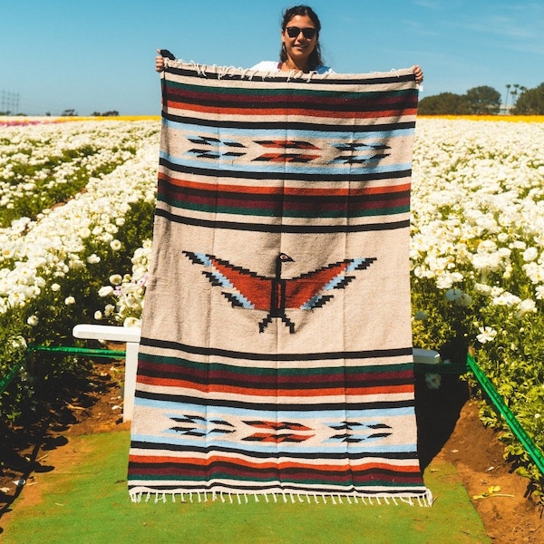 Mexican Thunderbird Blanket- Tapestry | Authentic Southwestern Blanket | XL Thick Mexican Blanket Eagle - Tan Brown Yoga Navajo Aztec Style