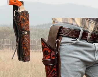 Revolver Holster Long Barrel | Large Western Leather Holster for 6-8" Barrel | Attaches to Belt | Cowboy Holster | Brown | Colt Ruger Wesson
