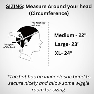 May include: Diagram illustrating how to measure head circumference for hat sizing. Includes measurements for Medium (22 inches), Large (23 inches), and XL (24 inches). Text also mentions an inner elastic band for a secure fit.