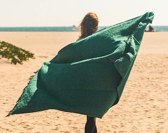 Mexican Blanket Teal Solid Color | Green Yoga Blanket | Thick Turquoise Blanket | Picnic Blanket | Serape Baja Blanket | Throw Blanket