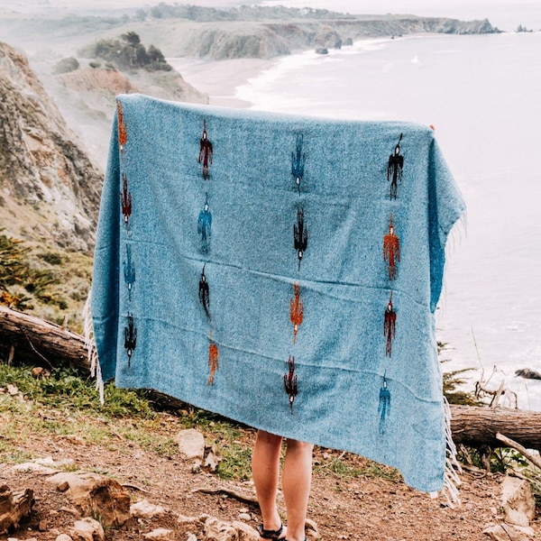 Mexican Baja Thunderbird Blanket Sky Blue | Heavyweight Yoga Blanket | Thick Meditation Blanket | Vintage Throw | Bohemian Wall Tapestry