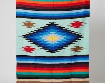 Mexicaanse deken mint | Yogadeken | Southwest deken veelkleurig | Baja-deken uit Mexico | Deken | Wandtapijt | Azteekse diamant