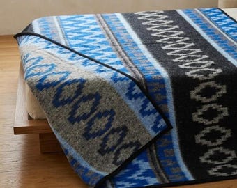 Coperta morbidissima e spessa / Autentica coperta messicana / Coperta in stile pile / Striscia a rombi blu, nera e grigia