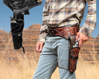 Combo cintura con fondina in pelle western per estrazione a mano sinistra .38/.357 / Rig Buscadero da cowboy lavorato a mano / Passanti per cartucce