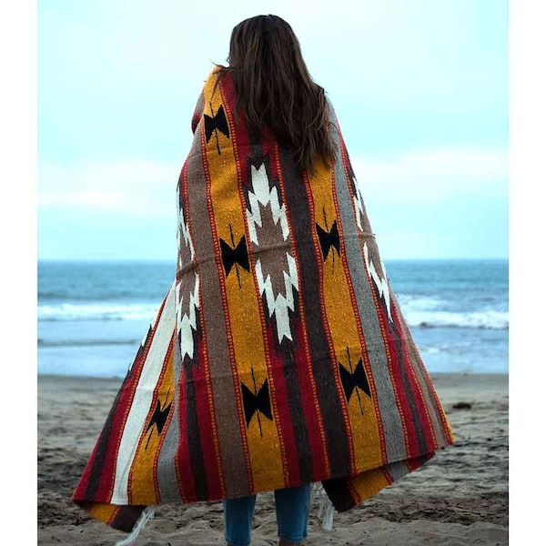 Wool Mexican Blanket XL & Thick | Tan Yellow Grey Black Red | Custom Diamond Stripes Blanket | Southwest Blanket | Baja Mexico Throw Blanket