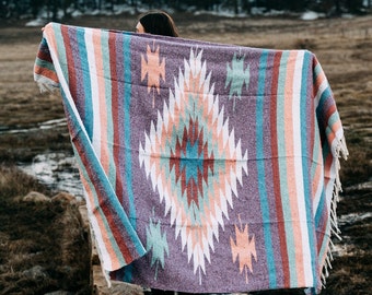 Mexican Diamond Blanket Purple | Thick XL Mexican Yoga Blanket Pastel Peach | Southwest Blanket | Baja Blanket Mexican Throw | Aztec Navajo