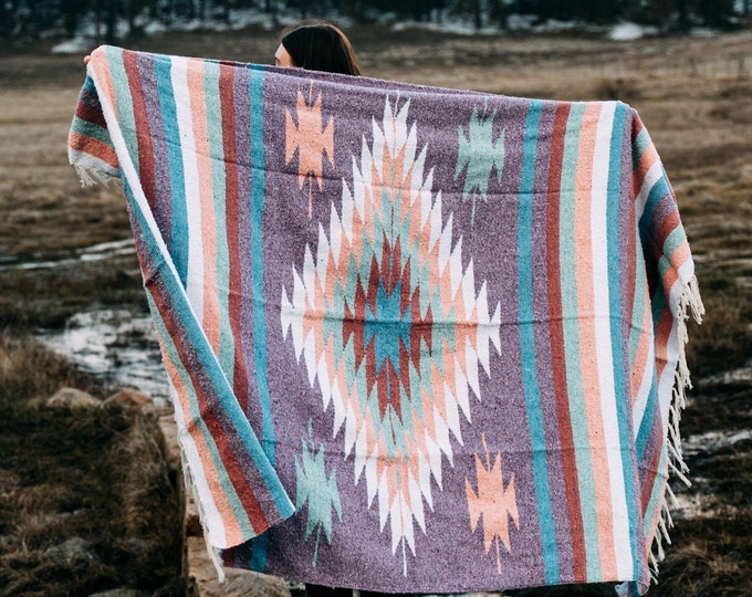 Mexican Blanket Teal Pink Yoga Blanket Turquoise Southwest Blanket Baja