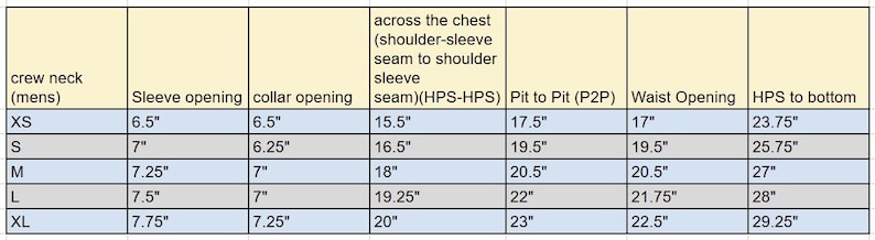 May include: A table of measurements for a crew neck shirt. The table includes sizes XS to XL, with measurements for sleeve opening, collar opening, chest width, pit to pit, waist opening, and HPS to bottom, all in inches.