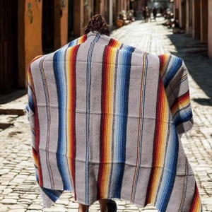 Authentic Mexican Blanket | Yoga Blanket | Grey Red Yellow Blue | Gray Throw Blanket | Home Decor | Serape Baja Blanket | Sarape Saltillo