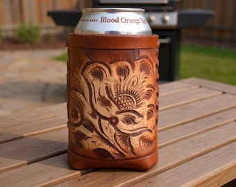 Hand Tooled Leather Can Cooler, Western Can Holder, Mexican Floral Beer Bottle Holder, Cowboy Gift for Men, Groomsmen Gift