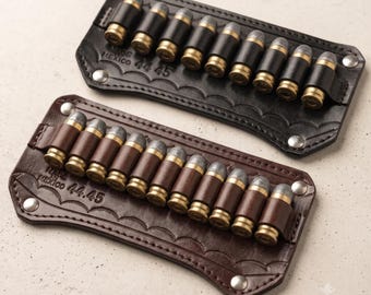 Patronenhalter Gürtelbefestigung | Western Leather Tooled 44 / 45 Cal Patronenhalter | Handgefertigte Genähte Leder Braun Schwarz