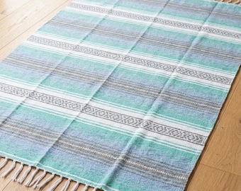 Mexican Blanket Mint Blue Ocean | Thick or Lightweight Yoga Blanket | Mexican Baja Blanket | Wall Hanging Tapestry | Falsa Blanket | Serape