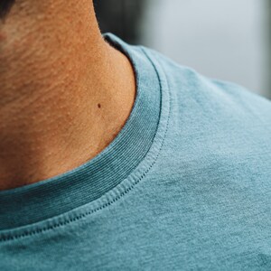 May include: A close-up shot of a teal crew neck t-shirt. The neckline is ribbed with detailed stitching. The fabric has a soft, textured appearance. The image focuses on the collar and shoulder area of the shirt.