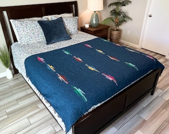 Mexicaanse Thunderbird-deken - leisteenblauw | Dikke yogadeken | Zachte deken | Vintage Oaxaca deken zwaluw vogels