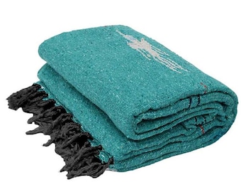 Mexican Blanket Teal Thunderbird with Tassels | Turquoise Yoga Blanket | Home Decor Throw | Baja Vintage Style Blanket | Home Throw Blanket