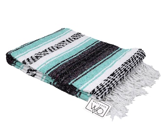 Mexican Falsa Blanket Mint & Black | Lightweight Yoga Blanket | Baja Blanket | Yoga Wall Tapestry | Falsa Blanket | Serape Blanket