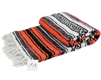 Couverture de falsa mexicaine | Sarapé | Couverture mexicaine faite main authentique | Couverture Baja orange et noire | Falsa | Cobija | Couverture mexicaine