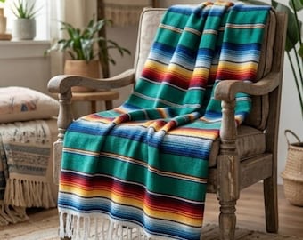 Northern Lights Mexican Blanket | Teal Mexican Blanket | 78x50" thick baja blanket | Authentic Woven Throw Blanket | Made in Mexico