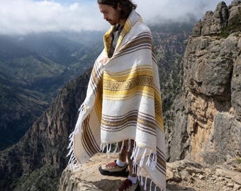 Autentica coperta messicana / Stile vintage / Coperta da yoga / Coperta falsa bianca e gialla / Serape / Saltillo / Cobija