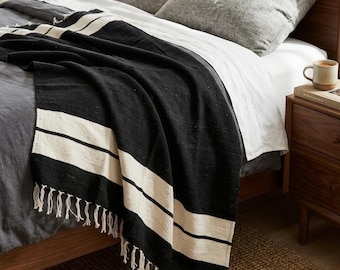 Black Mexican Blanket Minimalist | Home Throw | Vintage Style | Yoga Blanket | Black White Falsa Blanket | Serape | Saltillo | Cobija