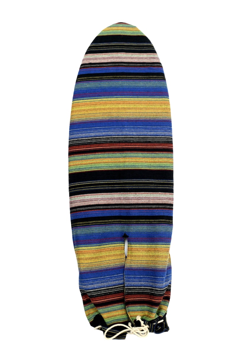 May include: A colorful striped surfboard bag with a drawstring closure. The bag is made of a thick, durable fabric and features a variety of colors, including blue, yellow, red, and green.