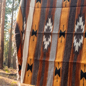 Wool Mexican Blanket XL & Thick Tan Yellow Grey Black Red Custom Diamond Stripes Blanket Southwest Blanket Baja Mexico Throw Blanket image 3