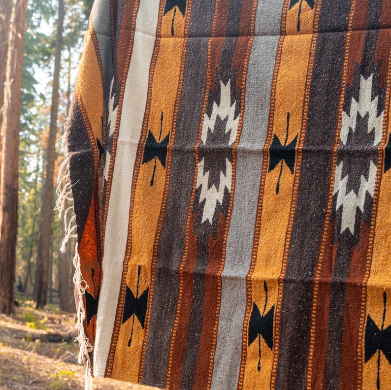 Wool Mexican Blanket XL & Thick Tan Yellow Grey Black Red Custom Diamond Stripes Blanket Southwest Blanket Baja Mexico Throw Blanket image 3