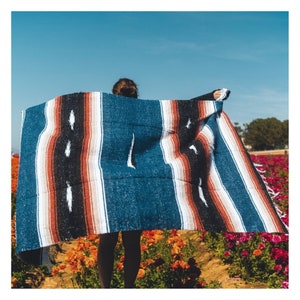 Mexican Blanket Blue Tan Red | Thick Yoga Blanket | Serape Baja Blanket Mexico | Throw Blanket | Tapestry Home Decor | Diamond Vintage Heavy