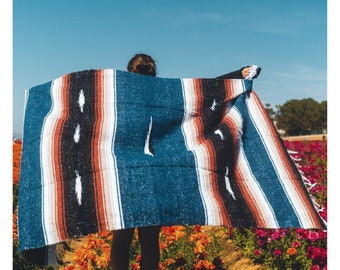 Mexican Blanket Blue Tan Red | Thick Yoga Blanket | Serape Baja Blanket Mexico | Throw Blanket | Tapestry Home Decor | Diamond Vintage Heavy