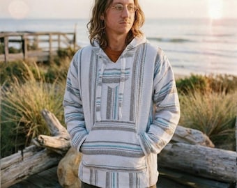 Mexican Hoodie Baja Poncho | Hooded Sweater | Handmade in Mexico | White Tan Blue | Mexican Hoodie with Stripes | Drug Rug