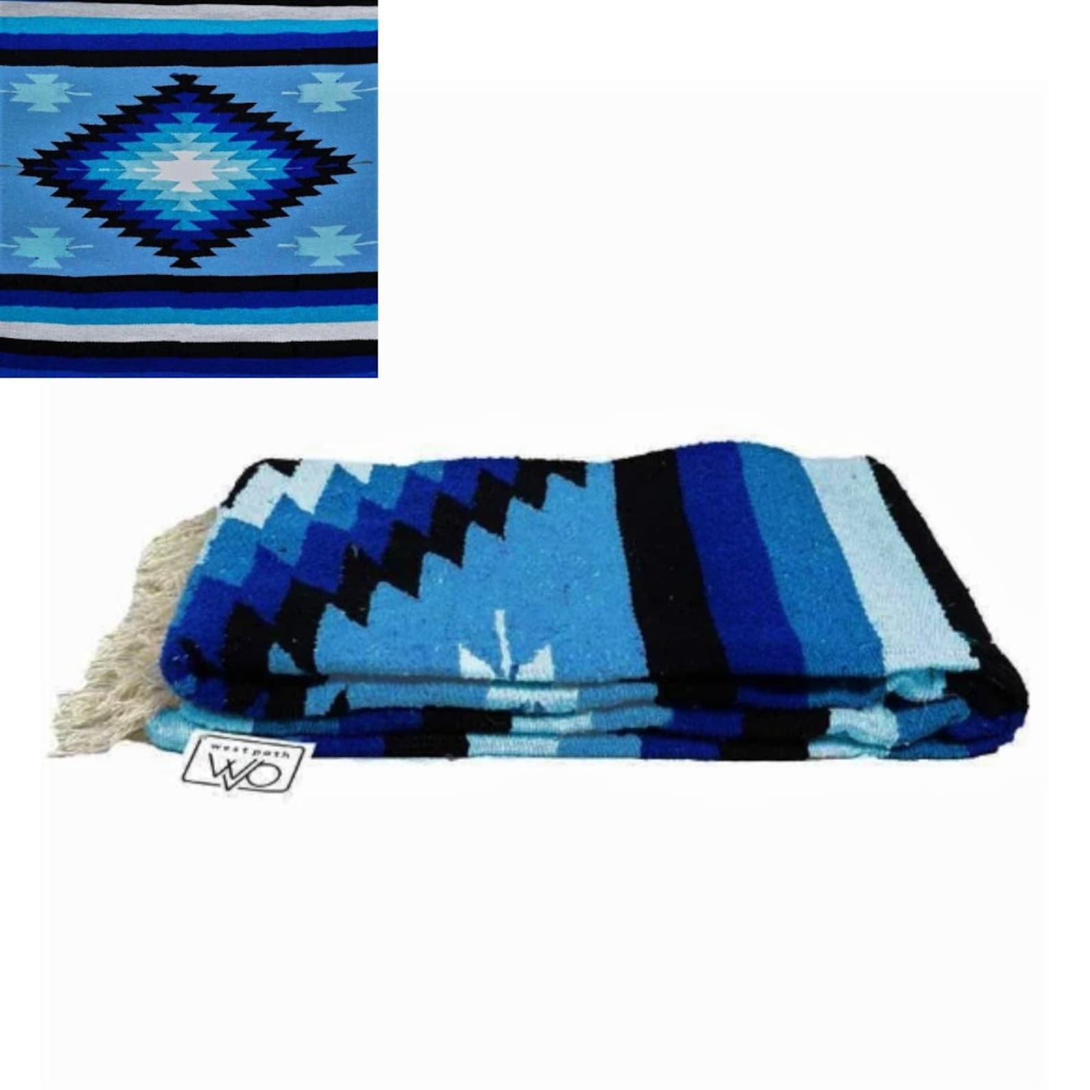 Mexican Diamond Blanket Blue White Thick XL Mexican Yoga Blanket Sky