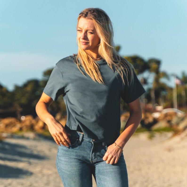 Boxy Tee Slate Blue Womens Basic Tshirt 100% Cotton Cropped T Shirt Womens Plain Blue Shirt, GOTS Organic Fair Trade XS, S, M, L XL image 3