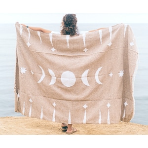 Mexican Blanket Moon Phases | Thick XL Mexican Yoga Blanket  | White Beige | Baja Blanket Mexican Throw | Astrology Blanket Lunar