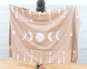 Mexican Blanket Moon Phases | Thick XL Mexican Yoga Blanket  | White Beige | Baja Blanket Mexican Throw | Astrology Blanket Lunar