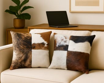 Cuscino patchwork in pelle di mucca Patches - Cuscino in vera pelle con pelo / Cuscino in pelle rustica in stile fattoria occidentale per arredamento della casa