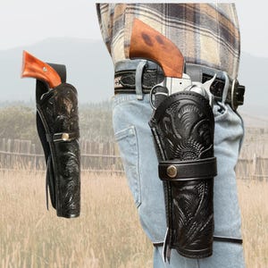 Revolver Holster | Western Leather Holster | Attaches to Belt | Hip Draw | Cowboy Holster | Black | Handmade | Colt Ruger Wesson Kimber