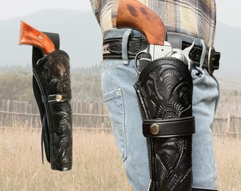 Revolver Holster | Western Leather Holster | Attaches to Belt | Hip Draw | Cowboy Holster | Black | Handmade | Colt Ruger Wesson Kimber