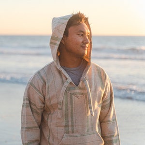 Mexican Poncho Baja Hoodie | Hooded Sweater | Handmade in Mexico | Beige Tan Mexican Hoodie with Green Stripes | Earth Tone Hoodie
