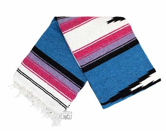 Mexican Baja Diamond Blanket Blue Pink White | Throw Blanket for Couch or Bed | Thick Yoga Blanket | Vintage Throw | Large Blue Blanket