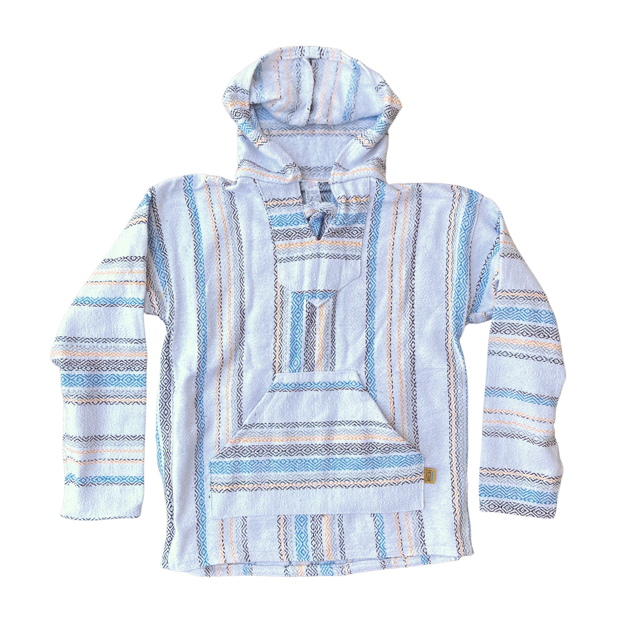 Baja Hoodie Mexican Poncho Hooded Sweater Handmade in Mexico White Mexican Hoodie With Black Yellow and Blue Stripes Etsy Canada