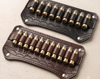 Munitionshalter-Gürtelbefestigung | Western-Leder, punziert, für Kaliber .38/.357 | Handgefertigtes, genähtes Leder, braun/schwarz