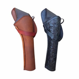 Extra Long Leather Cross Draw Holster – Brown or Tooled Black – Western Handmade Holster for 8–10” Barrel Revolvers – Right Hand Draw