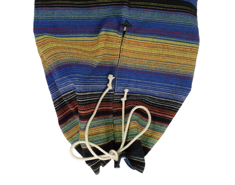 May include: A colorful striped fabric bag with a drawstring closure. The bag is made of a woven fabric with a variety of colors, including blue, red, yellow, and green.