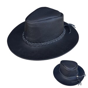 May include: A black hat with a wide brim and a braided band around the crown. The hat has a structured design with a rounded top and a leather tie. The hat is shown in two sizes.
